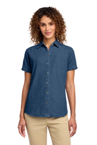 Women's Short Sleeve Value Denim Shirt - Port & Company LSP11, ready for custom embroidery or printing