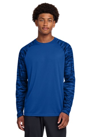 Drift Camo Colorblock Long Sleeve Tee - Sport-Tek ST376LS, ready for custom embroidery or printing
